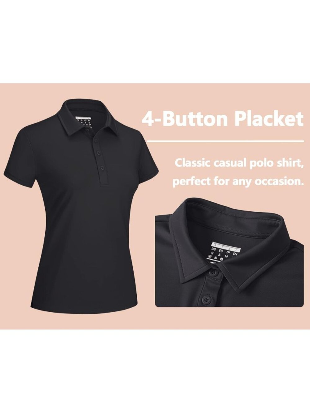 Women's 01-black Golf Polo Shirt Short Sleeve UPF 50+ Sun Protection Quick Dry - Picture 5 of 6